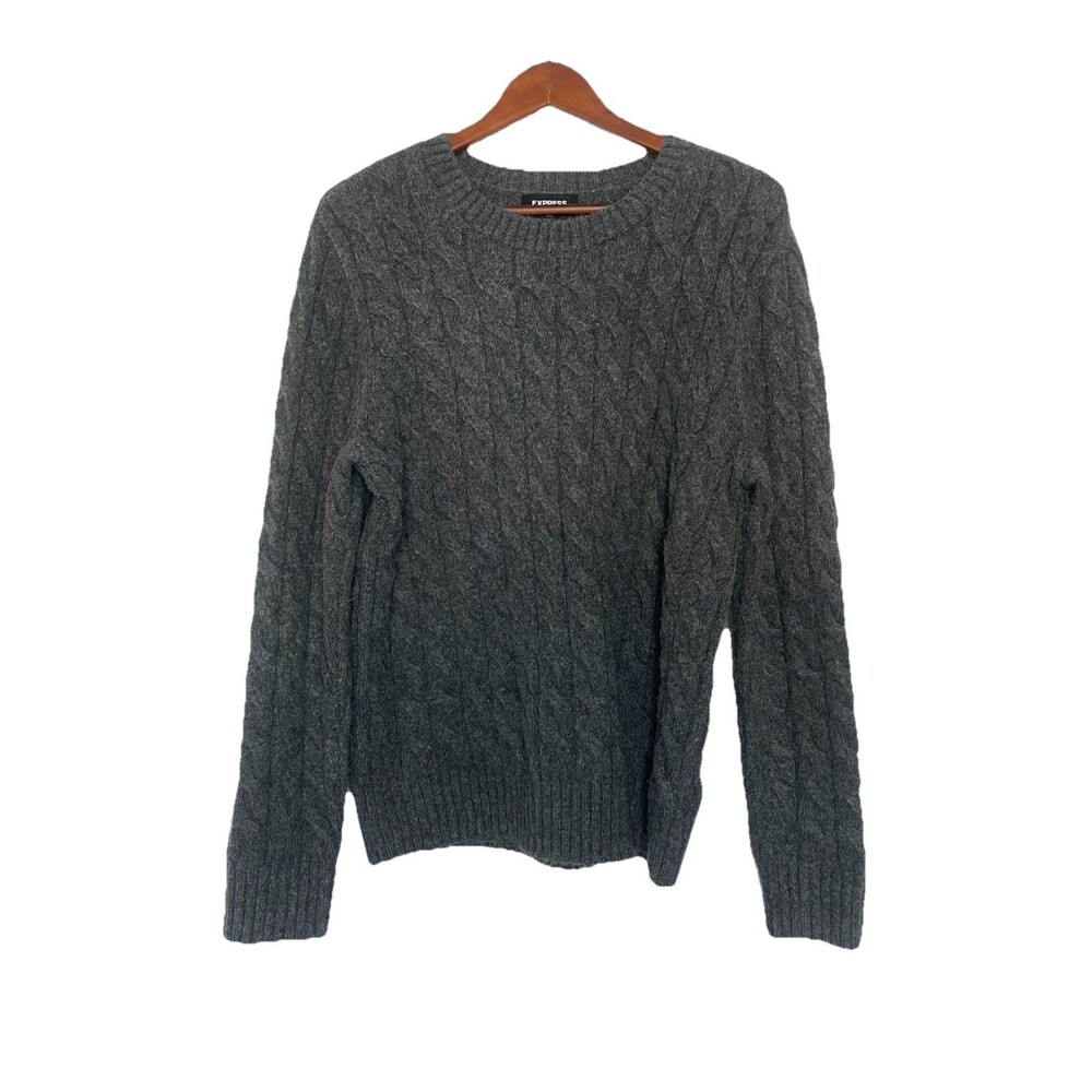 Express Men's Medium Gray Cable Knit Pullover Sweater Wool Blend Long Sleeve
